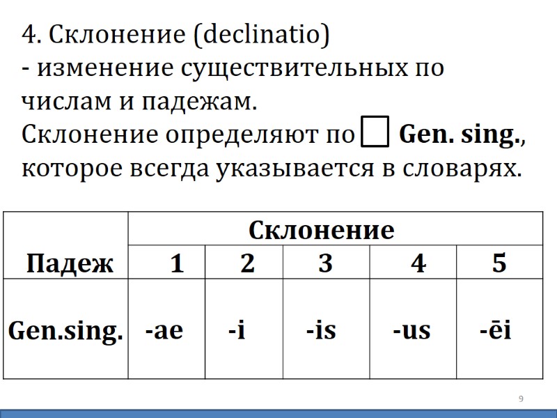 4. Склонение (declinatio) - изменение существительных по  числам и падежам.  Склонение определяют